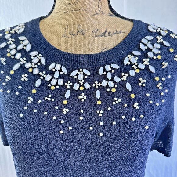 Tori Burch Women's Navy Embellished Short Sleeve Stretchy Sweater Top Sz L - Picture 3 of 13